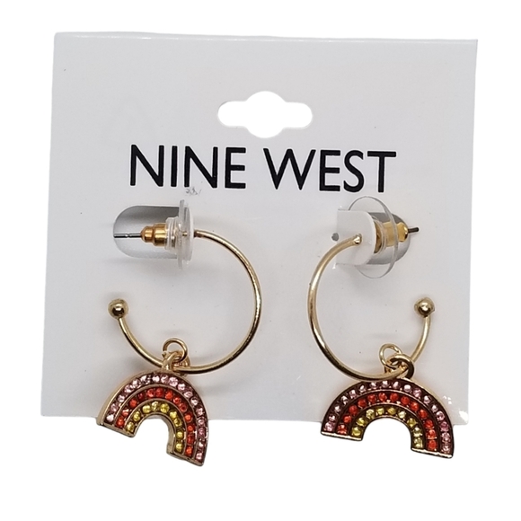NINE WEST NWT RHINESTONE RAINBOW CHARM HOOP EARRINGS - Picture 1 of 5